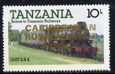 Tanzania 1985 Locomotive 3107 10s value (SG 431) unmounted mint perforated proof single with 'Caribbean Royal Visit 1985' opt in gold doubled