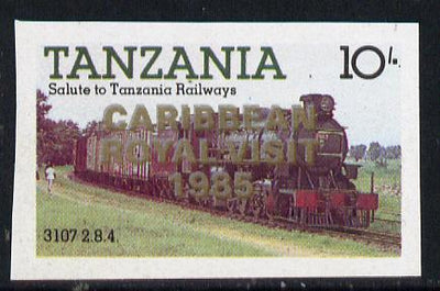 Tanzania 1985 Locomotive 3107 10s value (SG 431) unmounted mint imperf proof single with 'Caribbean Royal Visit 1985' opt doubled, one in silver, one in gold