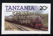 Tanzania 1985 Locomotive 6004 20s value (SG 432) unmounted mint imperf proof single with 'Caribbean Royal Visit 1985' opt doubled, one in silver, one in gold