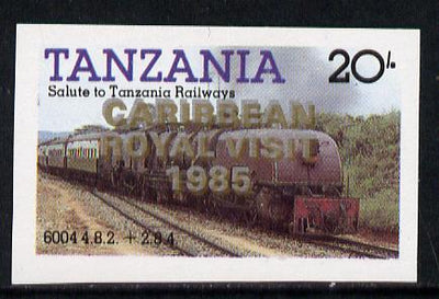 Tanzania 1985 Locomotive 6004 20s value (SG 432) unmounted mint imperf proof single with 'Caribbean Royal Visit 1985' opt doubled, one in silver, one in gold