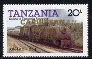 Tanzania 1985 Locomotive 6004 20s value (SG 432) unmounted mint perforated proof single with 'Caribbean Royal Visit 1985' opt in gold doubled