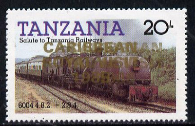Tanzania 1985 Locomotive 6004 20s value (SG 432) unmounted mint perforated proof single with 'Caribbean Royal Visit 1985' opt in gold doubled
