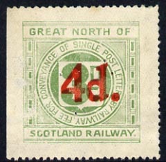 Cinderella - Great Britain 1925 Great North of Scotland Railway 4d in red on 3d green letter stamp (disturbed gum)*