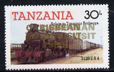 Tanzania 1985 Locomotive 3129 30s value (SG 433) unmounted mint perforated proof single with 'Caribbean Royal Visit 1985' opt in gold doubled