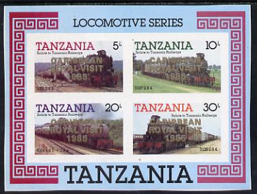 Tanzania 1985 Locomotives unmounted mint imperf proof m/sheet with 'Caribbean Royal Visit 1985' opt doubled, one in silver, one in gold