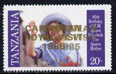 Tanzania 1985 Life & Times of HM Queen Mother 20s (SG 426) unmounted mint proof single with 'Caribbean Royal Visit 1985' optd in gold doubled*