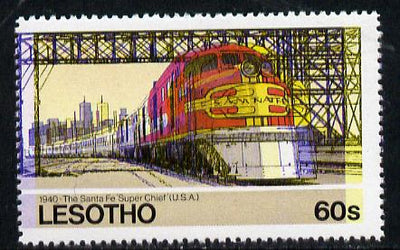 Lesotho 1984 Railways of the World 60s Santa Fe Super Chief with superb shift of red and blue unmounted mint (as SG 608)