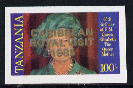 Tanzania 1985 Life & Times of HM Queen Mother 100s (SG 428) unmounted mint imperf proof single with 'Caribbean Royal Visit 1985' opt doubled, one in silver, one in gold*