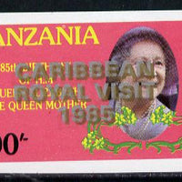 Tanzania 1985 Life & Times of HM Queen Mother 100s (SG 427) unmounted mint imperf proof single with 'Caribbean Royal Visit 1985' opt doubled, one in silver, one in gold*