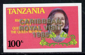 Tanzania 1985 Life & Times of HM Queen Mother 100s (SG 427) unmounted mint imperf proof single with 'Caribbean Royal Visit 1985' opt doubled, one in silver, one in gold*