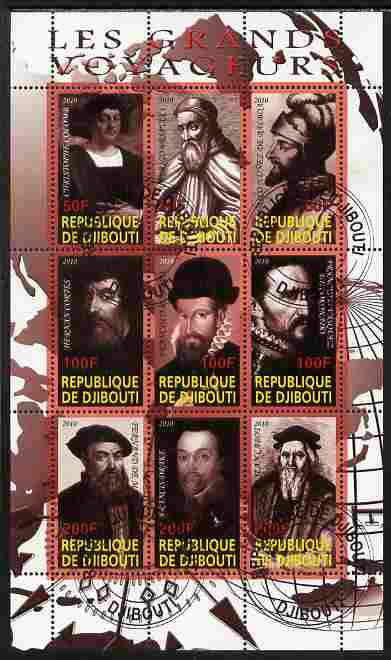Djibouti 2010 Great Explorers #3 perf sheetlet containing 9 values fine cto used