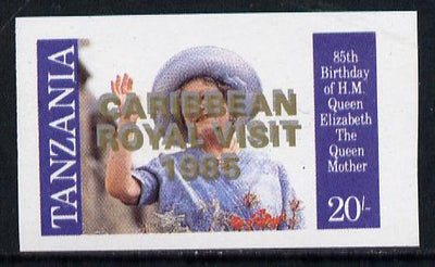 Tanzania 1985 Life & Times of HM Queen Mother 20s (SG 426) unmounted mint imperf proof single with 'Caribbean Royal Visit 1985' opt doubled, one in silver, one in gold*