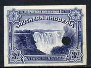 Southern Rhodesia 1935 Victoria Falls 3d blue imperf proof with tiny security punch hole, ex Waterlow & Sons archive proof sheet as used for checking and correcting, therefore slight soiling and creasing*