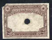 Southern Rhodesia 1935 Victoria Falls 2d imperf proof of frame only in brown with tiny security punch hole, ex Waterlow & Sons archive proof sheet as used for checking and correcting, therefore slight soiling and creasing*