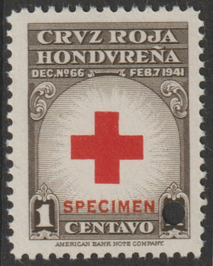 Honduras 1945 Obligatory Tax - Red Cross 1c red & brown unmounted mint optd SPECIMEN with security punch hole (ex ABN Co archives) SG 456a*