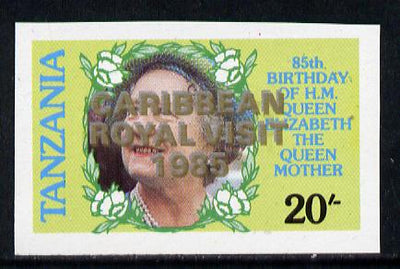 Tanzania 1985 Life & Times of HM Queen Mother 20s (SG 425) unmounted mint imperf proof single with 'Caribbean Royal Visit 1985' opt doubled, one in silver, one in gold*