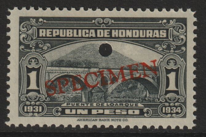 Honduras 1931 Bridge at Loarq 1p unmounted mint optd SPECIMEN (20mm x 3mm) with security punch hole (ex ABN Co archives) SG 327