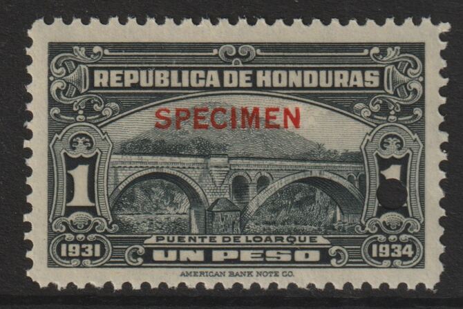 Honduras 1931 Bridge at Loarq 1p unmounted mint optd SPECIMEN (13mm x 2mm) with security punch hole (ex ABN Co archives) SG 327