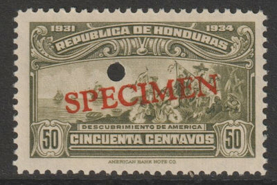 Honduras 1931 Discovery of America 50c unmounted mint optd SPECIMEN (20mm x 3mm) with security punch hole (ex ABN Co archives) SG 326
