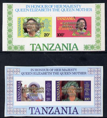 Tanzania 1985 Two Queen Mother proof m/sheets (SG MS 429) each with 'Caribbean Royal Visit 1985' optd doubled, one in gold, one in silver unmounted mint
