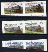 Tanzania 1985 Locomotives 5s, 10s & 20s values (SG 430-2) in unmounted mint horiz proof pairs with 'Caribbean Royal Visit 1985' optd in silver each pair with dramatic misplaced perforations, spectacular