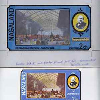 Nagaland 1979 Rowland Hill (St Pancras Station) - Original artwork for souvenir sheet (2ch value) comprising coloured illustration on board (180 mm x 95 mm) with overlay, plus issued label