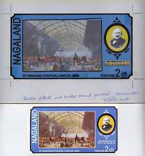 Nagaland 1979 Rowland Hill (St Pancras Station) - Original artwork for souvenir sheet (2ch value) comprising coloured illustration on board (180 mm x 95 mm) with overlay, plus issued label