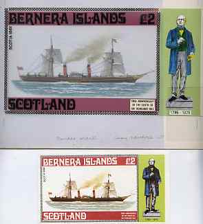 Bernera 1979 Rowland Hill (Ships - Paddle Steamer Scotia) - Original artwork for deluxe sheet (£2 value) comprising coloured illustration on board (205 mm x 110 mm) with overlay, plus issued label
