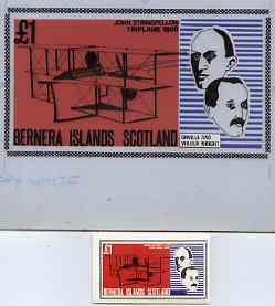 Bernera 1979 Flight Anniversary of Wright Brothers (1868 Triplane) - Original artwork for souvenir sheet (£1 value) comprising coloured background on board (160 mm x 85 mm) with overlay, plus issued label