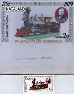 Nagaland 1979 Rowland Hill (Chicago Rock Island & Pacific Loco) - Original artwork for souvenir sheet (2ch value) comprising illustration on board (170 mm x 95 mm) with overlay, plus issued label