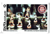 Staffa 1980 Chess Pieces (75th Anniversary of Rotary International) - original composite artwork for 12p value comprising photograph of main design (French Chesspieces), Rotary logo, plus overlay with value and inscriptions (with issued label)