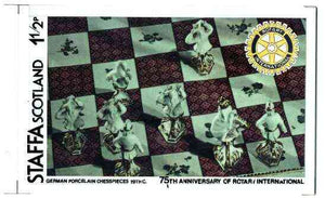 Staffa 1980 Chess Pieces (75th Anniversary of Rotary International) - original composite artwork for 1.5p value comprising photograph of main design (German Porcelain Chesspieces), Rotary logo, plus overlay with value and inscript……Details Below