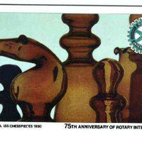 Staffa 1980 Chess Pieces (75th Anniversary of Rotary International) - original composite artwork for 24p value comprising photograph of main design (Italian Glass Chesspieces), Rotary logo, plus overlay with value and inscriptions (with issued label)