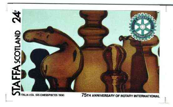 Staffa 1980 Chess Pieces (75th Anniversary of Rotary International) - original composite artwork for 24p value comprising photograph of main design (Italian Glass Chesspieces), Rotary logo, plus overlay with value and inscriptions (with issued label)