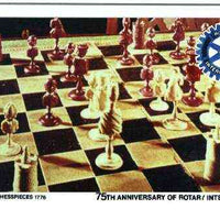 Staffa 1980 Chess Pieces (75th Anniversary of Rotary International) - original composite artwork for 10p value comprising photograph of main design (American Chesspieces), Rotary logo, plus overlay with value and inscriptions (with issued label)