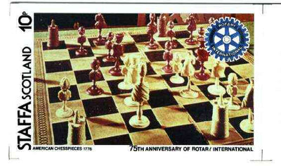 Staffa 1980 Chess Pieces (75th Anniversary of Rotary International) - original composite artwork for 10p value comprising photograph of main design (American Chesspieces), Rotary logo, plus overlay with value and inscriptions (with issued label)