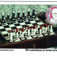 Staffa 1980 Chess Pieces (75th Anniversary of Rotary International) - original composite artwork for 8p value comprising photograph of main design (Russian Chesspieces), inset of Paul Harris, plus overlay with value and inscriptio……Details Below