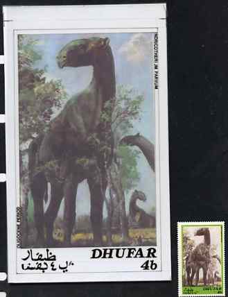 Dhufar 1980 Prehistoric Animals - Original artwork for 4b value (Oligocene Period) comprising coloured illustration on board of main design (100 mm x 165 mm) with value and inscriptions on overlay, plus issued label
