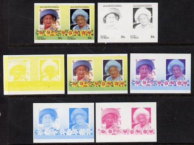 Tuvalu - Nanumea 1985 Life & Times of HM Queen Mother (Leaders of the World) 30c unmounted mint set of 7 se-tenant imperf progressive proof pairs comprising the 4 individual colours, plus 2, 3 & all 4 colour composites