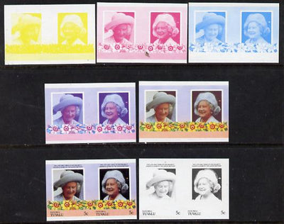 Tuvalu - Nanumea 1985 Life & Times of HM Queen Mother (Leaders of the World) 5c unmounted mint set of 7 se-tenant imperf progressive proof pairs comprising the 4 individual colours, plus 2, 3 & all 4 colour composites