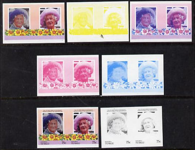 Tuvalu - Nanumea 1985 Life & Times of HM Queen Mother (Leaders of the World) 75c unmounted mint set of 7 se-tenant imperf progressive proof pairs comprising the 4 individual colours, plus 2, 3 & all 4 colour composites
