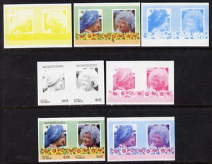Tuvalu - Nanumea 1985 Life & Times of HM Queen Mother (Leaders of the World) $1.05 unmounted mint set of 7 se-tenant imperf progressive proof pairs comprising the 4 individual colours, plus 2, 3 & all 4 colour composites