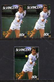 St Vincent 1987 International Tennis Players 80c (Ivan Lendl) unmounted mint imperf horiz pair with ball omitted nice double variety (plus normal single) SG 1059var*