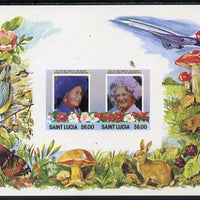 St Lucia 1985 Life & Times of HM Queen Mother m/sheet containing 2 x $6 values (depicts Concorde, Fungi, Butterflies, Birds & Animals) imperforate with silver (inscriptions) omitted, unmounted mint and only recently discovered