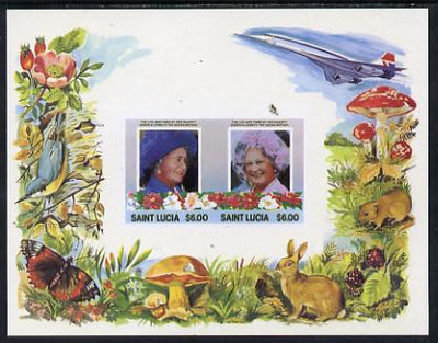 St Lucia 1985 Life & Times of HM Queen Mother m/sheet containing 2 x $6 values (depicts Concorde, Fungi, Butterflies, Birds & Animals) imperforate with silver (inscriptions) omitted, unmounted mint and only recently discovered