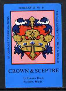 Match Box Labels - Crown & Sceptre (No.8 from a series of 18 Pub signs) dark brown background, very fine unused condition (St George's Taverns)