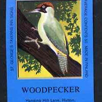 Match Box Labels - Woodpecker (No.11 from a series of 18 Pub signs) dark brown background, very fine unused condition (St George's Taverns)