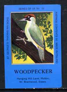 Match Box Labels - Woodpecker (No.11 from a series of 18 Pub signs) dark brown background, very fine unused condition (St George's Taverns)