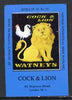 Match Box Labels - Cock & Lion (No.15 from a series of 18 Pub signs) dark brown background, very fine unused condition (St George's Taverns)