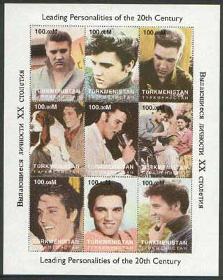 Turkmenistan 1998 Leading Personalities of the 20th Century (Elvis Presley) perf sheetlet containing complete set of 9 values unmounted mint